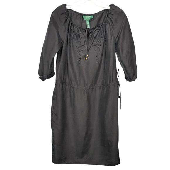 Lauren Ralph Lauren Blue Silk 3/4 Sleeve Drawstring Mini Dress Size XS - Picture 1 of 4